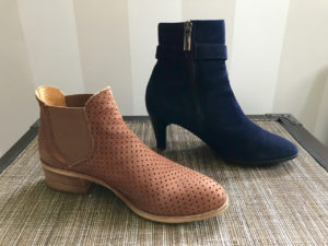 Stylish, comfortable shoes for women over 40: tan and navy ankle boots