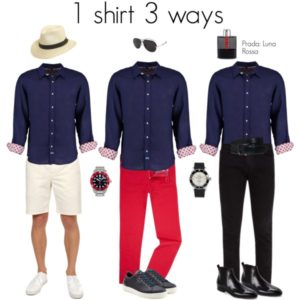 1 shirt 3 ways: Deep blue shirt with shorts, red pants and black pants.