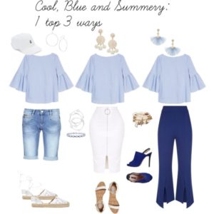 1 top 3 ways: off the shoulder, cool blue summer top with shorts, shirt and jeans.