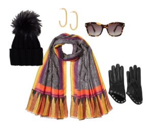 Winter style tips: The golden colours in the scarf inspired gold loop earrings and tortoise shell sunglasses