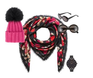 Winter style tips: pink beanie, sunglasses and watch with pink numbers go with the multi coloured scarf