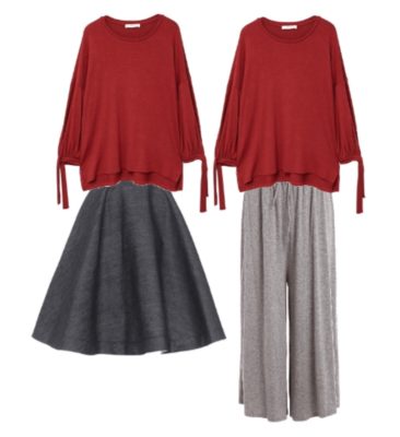 Two outfits featuring voluminous garments. These looks do not improve your style.