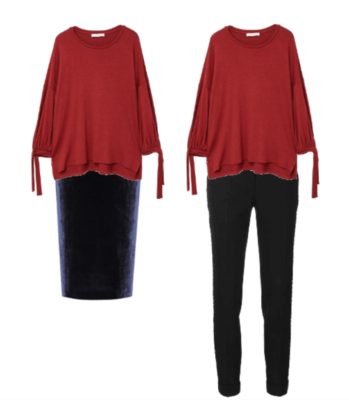 Two outfits featuring voluminous tops and slim fitting pants and skirt. Wearing this type of clothing combination is a way to improve your style.