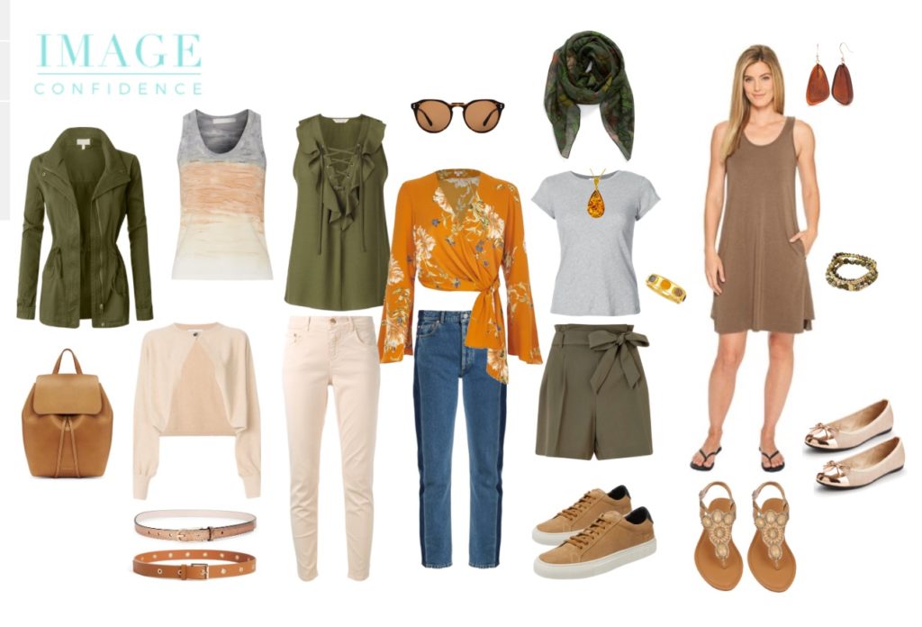 A Capsule Wardrobe of Casual Wear with Accessories. It includes 10 garments, 3 pairs of shoes, 2 belts and a handbag as well as jewellery.