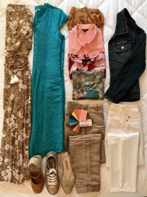 Two dresses have been added to the four tops, two pairs of pants and one jacket to complete the garment components of the travel packing capsule wardrobe.