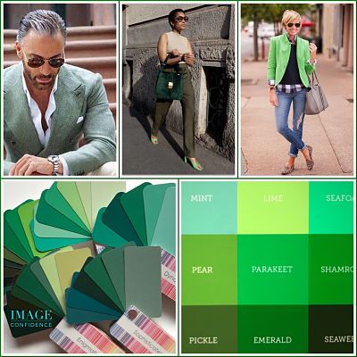 Man and women wear green coloured clothing. Examples of warm and cool green swatches.