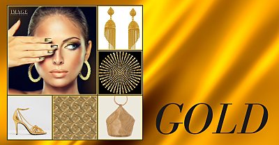 Collage featuring gold earrings, bag, shoes and woman with gold coloured finger nails.