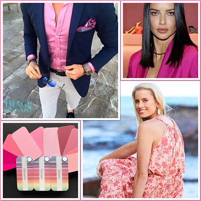 Man and women wear pink clothing. Swatches of various tints, tones and shades of pink.