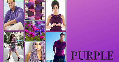 Collage with men and women wearing purple clothes. Also, purple colour swatches and flowers.