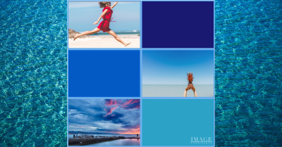 Collage of different tints, shades and tones of blue.For example, blue sky and tropical blue water.