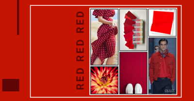 Collage of red coloured items, such as a red dress, flower and a model wearing a red top and jacket.