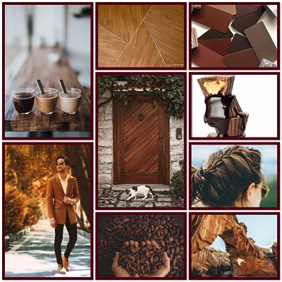 Collage depicting brown items eg coffee, a wooden door and floor, chocolate, brown hair, rocks.