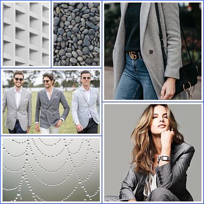 Collage featuring grey coloured items e.g pebbles, grey coat and blazers, cement building.