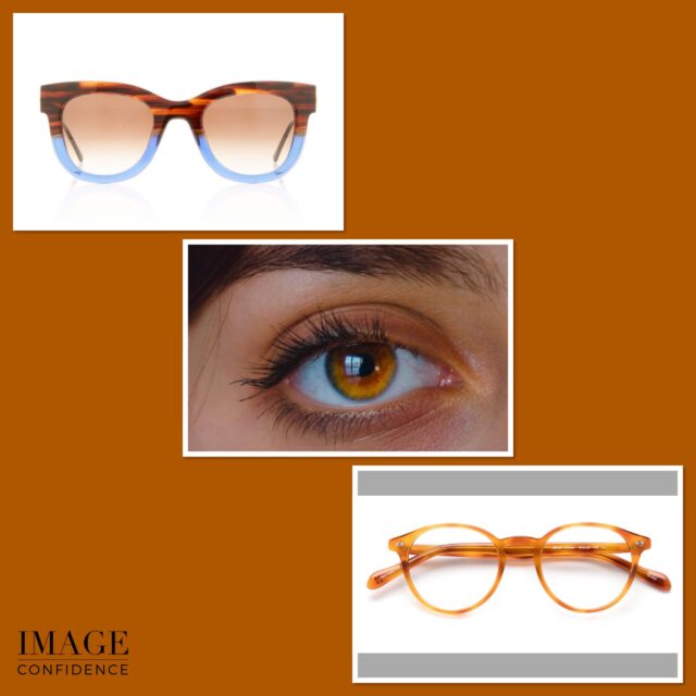 Image of an amber coloured eye and two pairs of glasses that will enhance that eye colour.