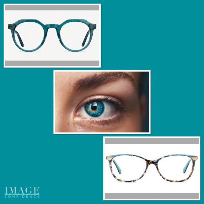 Picture of a teal blue eye and two pairs of teal blue glasses which will enhance the colour of the eye.