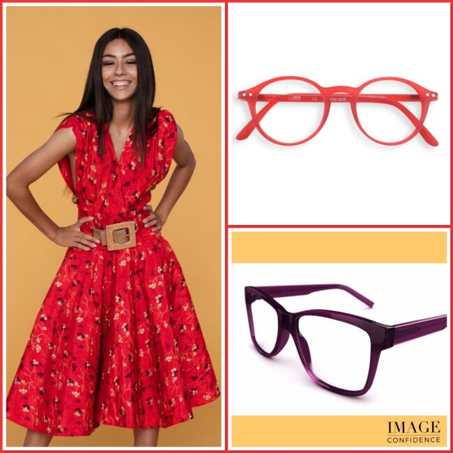 Woman in red floral dress and two examples of eyewear that will suit her warm skin tone.