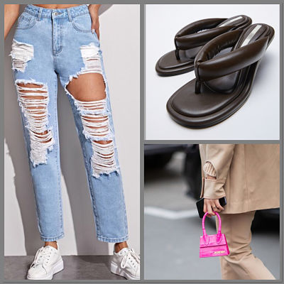 3 images: extremely ripped jeans, micro handbags and padded shoes. All of these fashion faux pas should be avoided.