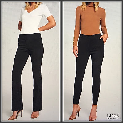 2 images: in one picture the model wears a white top and black pants. In the second picture, the model wears a caramel coloured knit and black pants.