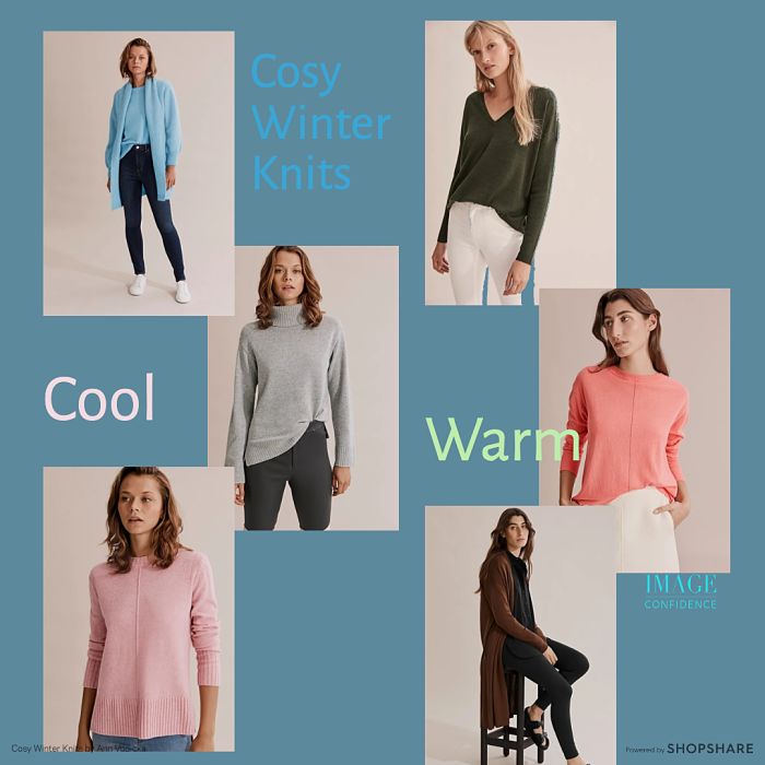 Six women wearing stylish winter knits.