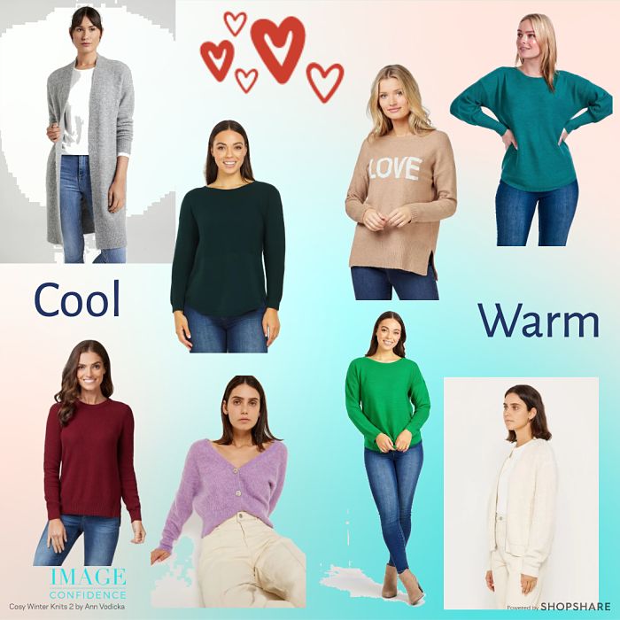 8 happy women wear cosy winter jumpers and cardigans.