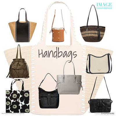 Nine handbags in a mix of neutral tones.