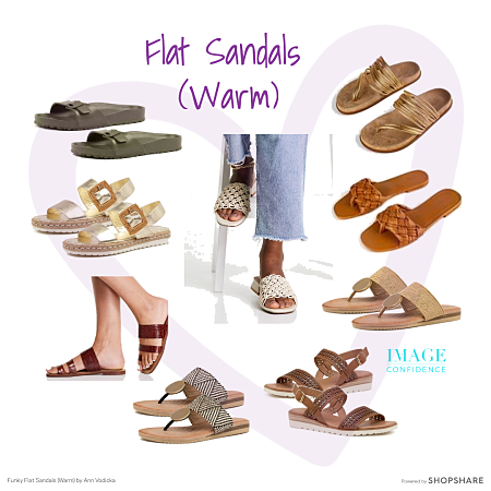 Stylish flat, open-toed sandals in warm colours - perfect for spring and summer outfits.