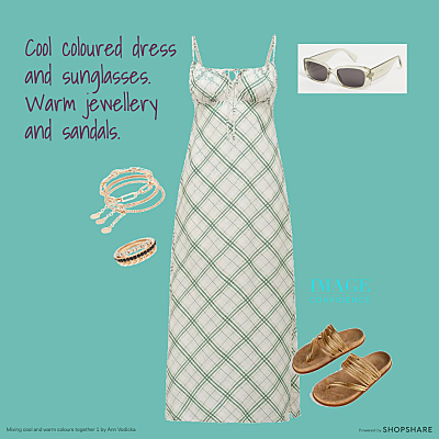 Green and white chequered dress, sunglasses, and gold jewellery and sandals.