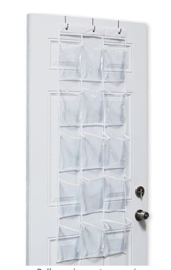 An empty over the door shoe holder which would also be useful for storing belts. It is made from clear plastic so you can easily see the contents of each pocket.