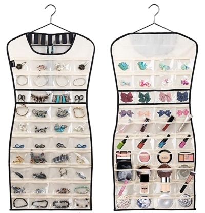 A hanging jewellery organiser with eighty transparent pockets. Some pockets have necklaces, earrings, and bracelets inside.