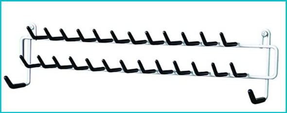 This is a picture of a wall mounted hanging rack with twenty-seven hooks. It is for hanging belts, necklaces and ties.