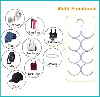The picture features a coat hanger that has six large circular hooks attached to it. There are images of the types of items you could hang on the hanger. Those items are scarves, leggings, underwear, ties, belts, tank tops, jewellery, caps and handbags.