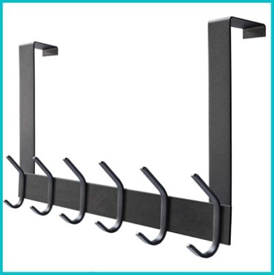 Image shows a black stainless steel hanger with twelve hooks. It is placed over a door so you can hang items like belts, clothes and hats on it.