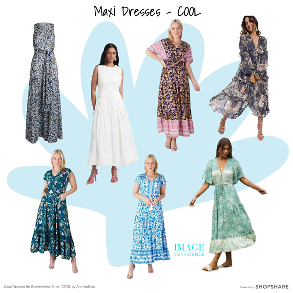 Seven maxi dresses in cool colours. Five of the dresses feature floral and paisley patterns.