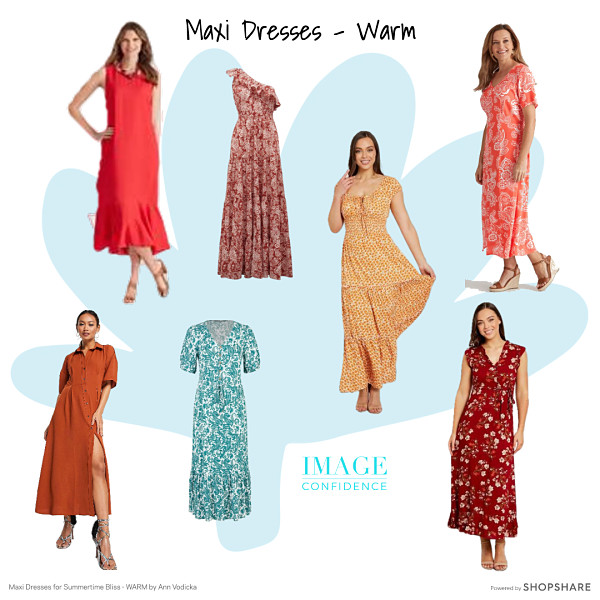 Seven maxi dresses in warm colours. Five of them have either a floral or paisley print.