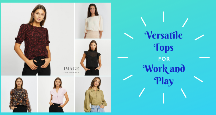 Images of six women modelling tops that can be worn for work and play.