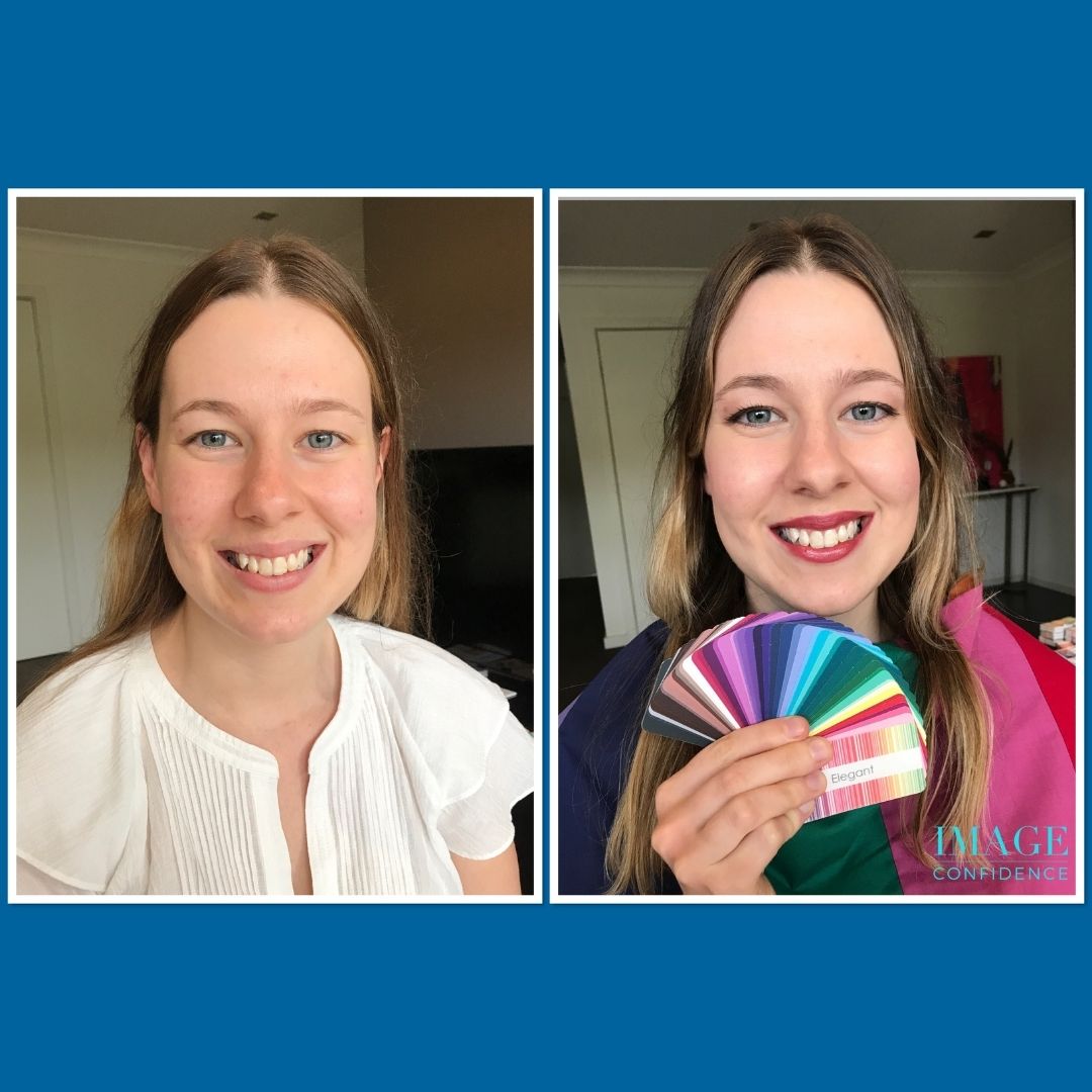 Two photos of a woman: in the photo on the left she wears a white top and no makeup. In the photo on the right, she looks radiant wearing her best colours and makeup colours that blend perfectly with her complexion, eyes and lips.