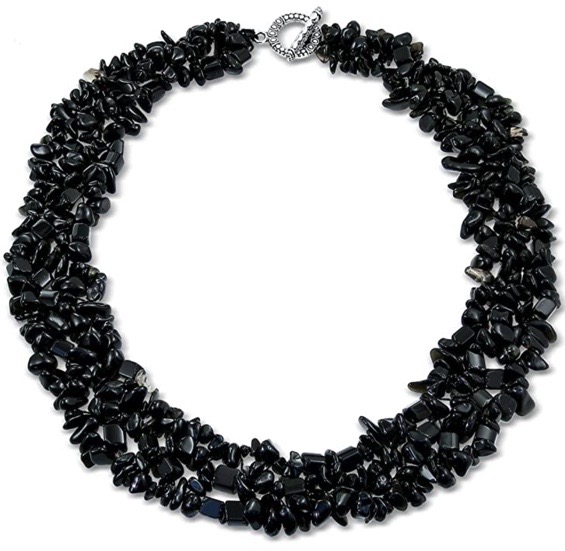 Multi strand black onyx bib-style necklace with a silver ring clasp.