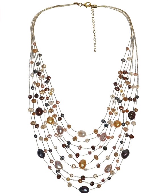 Cultured freshwater pearl necklace in warm tones. It has nine strands.