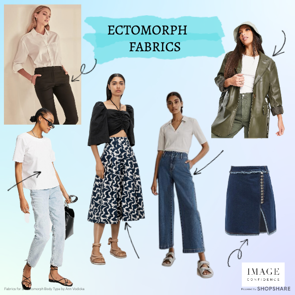 Models wear garments made by fabrics suitable for someone with an Ectomorph body type.