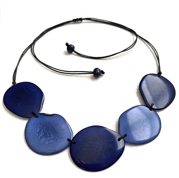 Blue handmade necklace with five organic shaped flat beads with an adjustable black cord.