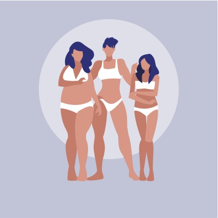 Three women stand together wearing white bikinis. They all are different body types or somatotypes. 