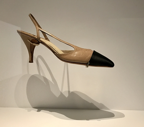 Prototype of two-tone slingback pump in beige and black.