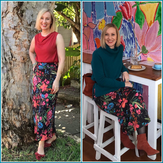 Ann Vodicka is a personal stylist in Sydney. This images shows her modelling the same floral skirt in two different ways. In the image on the left, she wears a rust coloured sleeveless top and suede slides. In the right hand side image she wears a teal polo neck jumper and rust coloured boots.