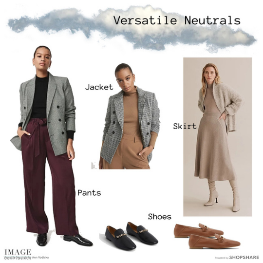 Three models wear neutral coloured clothes e.g. black, white, tan, burgundy and beige. All of these neutral tones are useful to have if you want to create a versatile wardrobe.