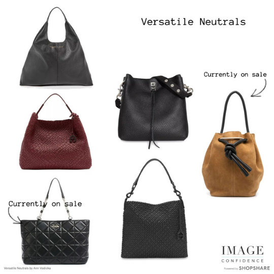Six versatile handbags. Four are black. One is tan, and the other is maroon in colour.
