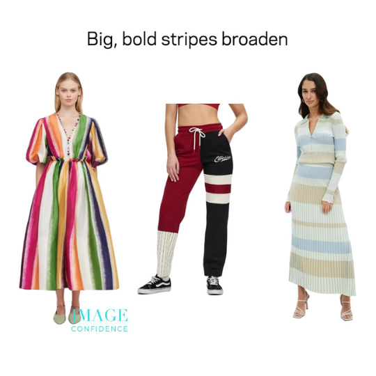 Three women wear wide striped garments which creates the illusion of a body with more shape and curves.