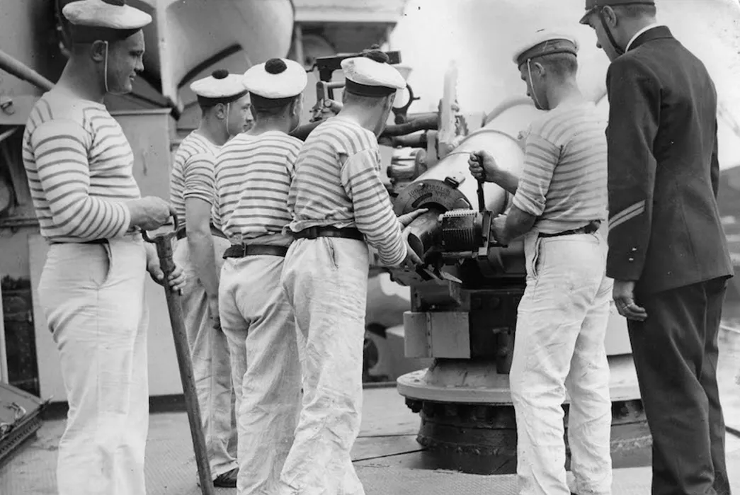 French sailors wear Breton stripe tops as part of their uniform in the late 1800s