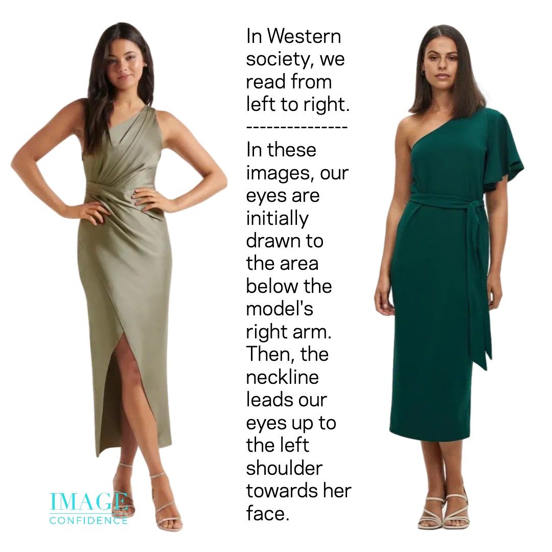 Two female models reweaving elegant evening dresses. One dress is a soft khaki and the other dress is a deep teal colour.