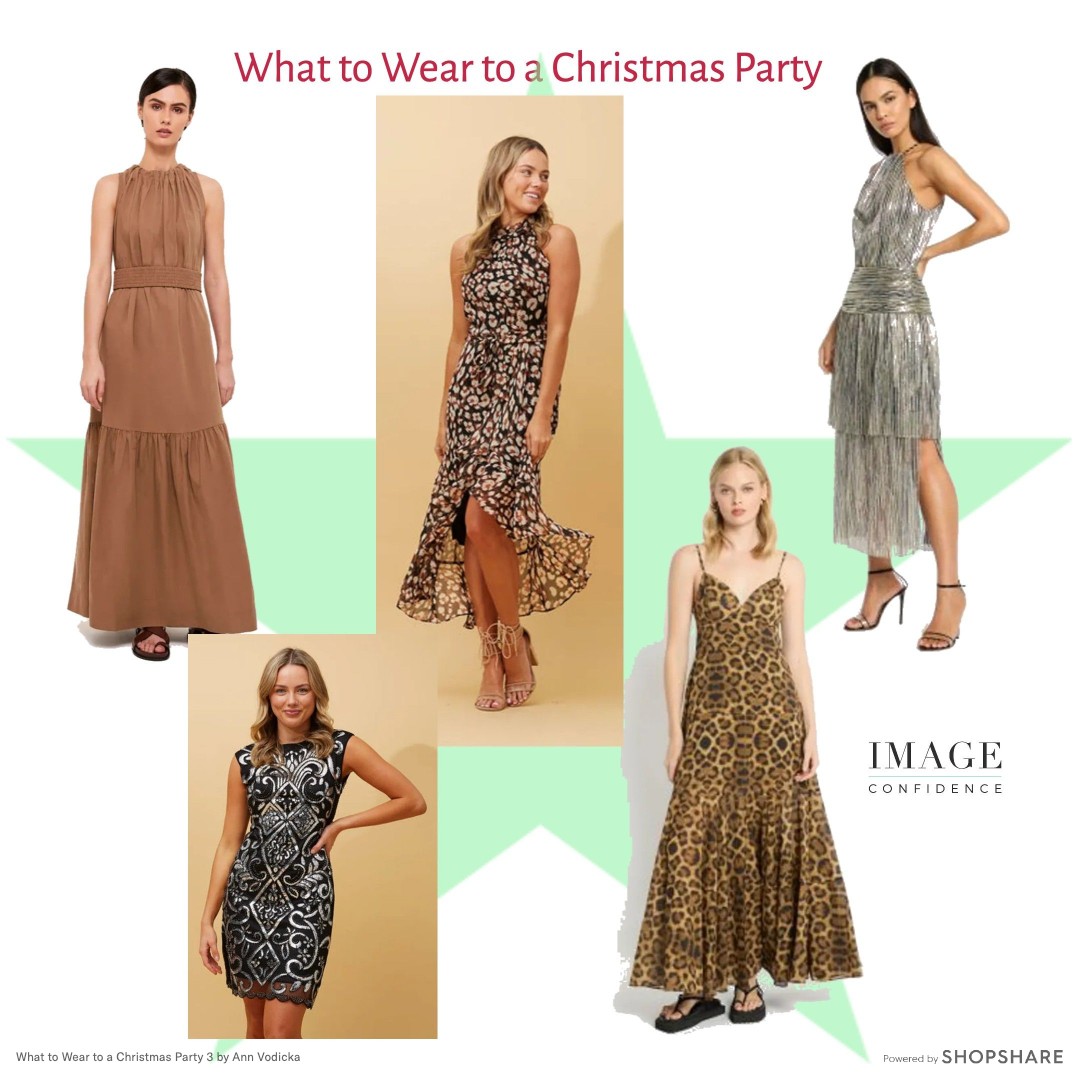 Five models wear beautiful going-out dresses in neutral tones, such as silver, umber and animal print.
