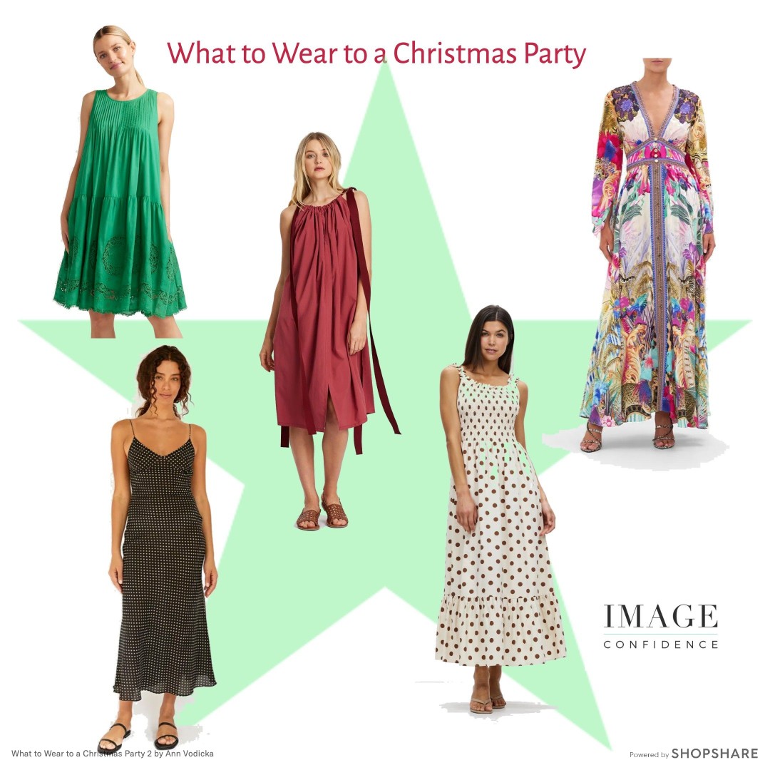 Five models wear beautiful patterned dresses that are perfect for Christmas and New Year parties.